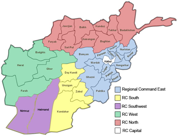 Map of ISAF regional commands in Afghanistan