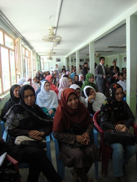Few children attended school under the Taliban regime. Today, millions of boys and girls squeeze into overcrowded classrooms and many schools run in shifts. Here, high school students at a community school in Kabul (1)