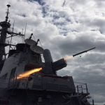USS Porter (DDG-78) conducts a structural test firing of SeaRAM in Spain on Feb. 28, 2016, as the first Arleigh Burke-class guided-missile destroyer with a SeaRAM installation. US Navy photo.