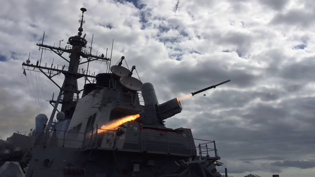USS Porter (DDG-78) conducts a structural test firing of SeaRAM in Spain on Feb. 28, 2016, as the first Arleigh Burke-class guided-missile destroyer with a SeaRAM installation. US Navy photo.
