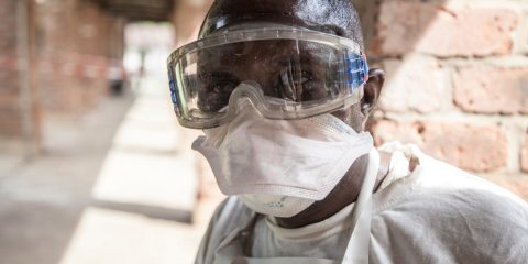 An Ebola health worker at the scene of the latest Ebola outbreak, Bikoro Hospital, DRC