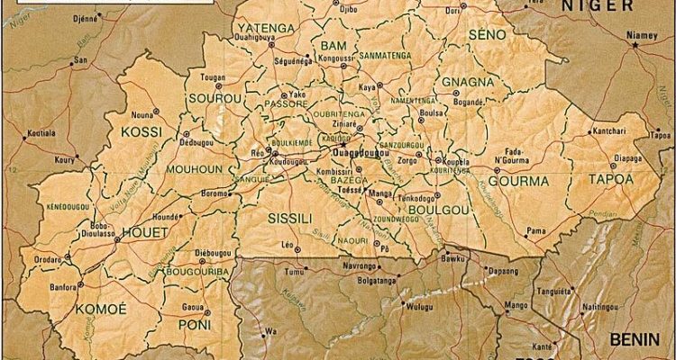 Map of Burkina Faso and its bordering countries, Mali and Niger, a hotbed of Islamic terrorist activity and small villages.