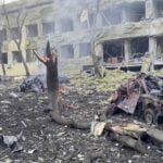 Bombed out children’s hospital in the middle of a non-military occupied area of Ukraine where mothers and children died.
